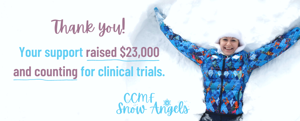 Person doing snow angel with text reading 'Thank you! Your support raised $22,000 and counting for clinical trials.'